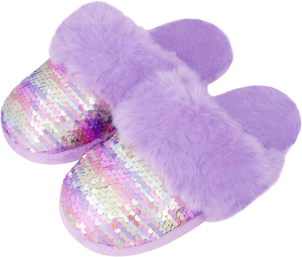 Girls Plush House Slippers Fluffy Sequin Slippers, Cute Faux Fur Slip-on Shoes Memory Foam House Slipper