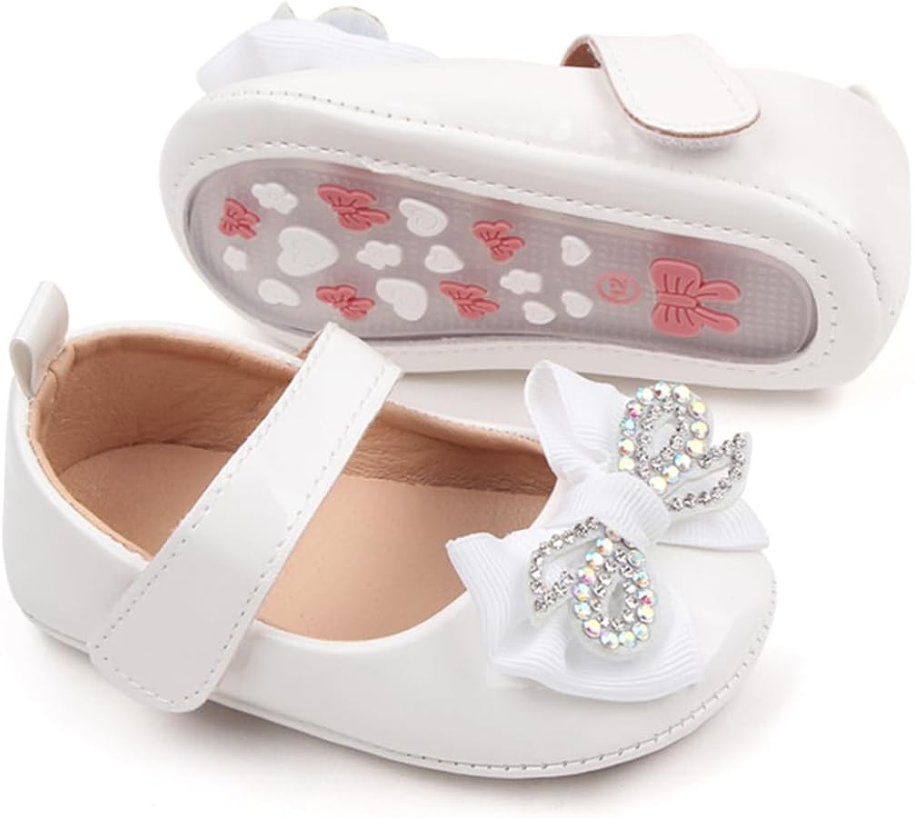 Infant Baby Girls Dress Shoes Newborn Bowkont Mary Jane Flats Non-Slip Lightweight Soft Sole Toddler First Walkers Princess Wedding Shoes