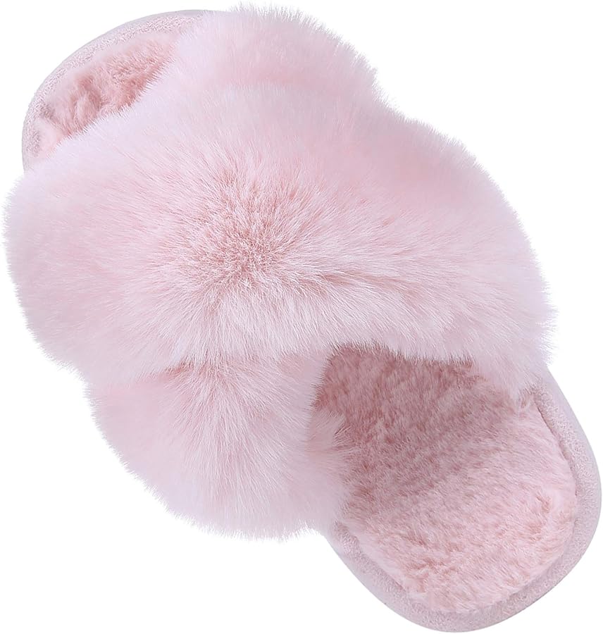 Girl's Soft Plush Lightweight House Slippers Non Slip Cross Band Slip on Open Toe Cozy Indoor Outdoor Slippers