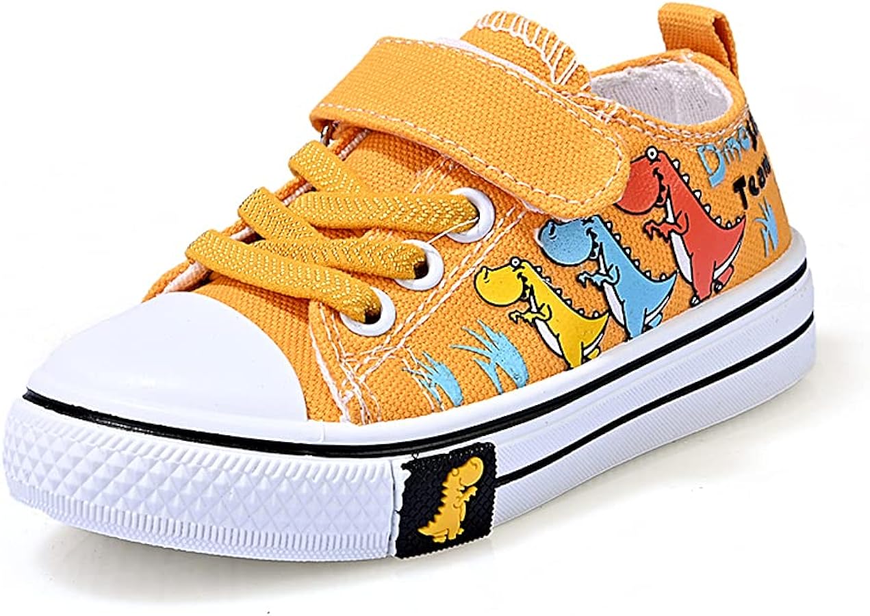 Toddler Boys Girls Slip On Canvas Sneakers Cartoon Dinasour Printed Little Kid Unisex Adjustable Strap Walking Shoes Lazy Shoes with Hook and Loops