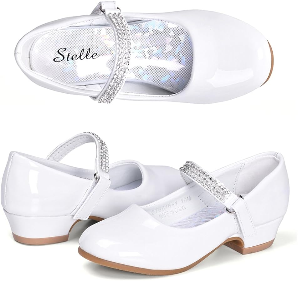 Stelle Girls Dress Shoes Toddler White Flower Girl Low Heels Mary Jane Flat for School Uniform Wedding(Little/Big kid)