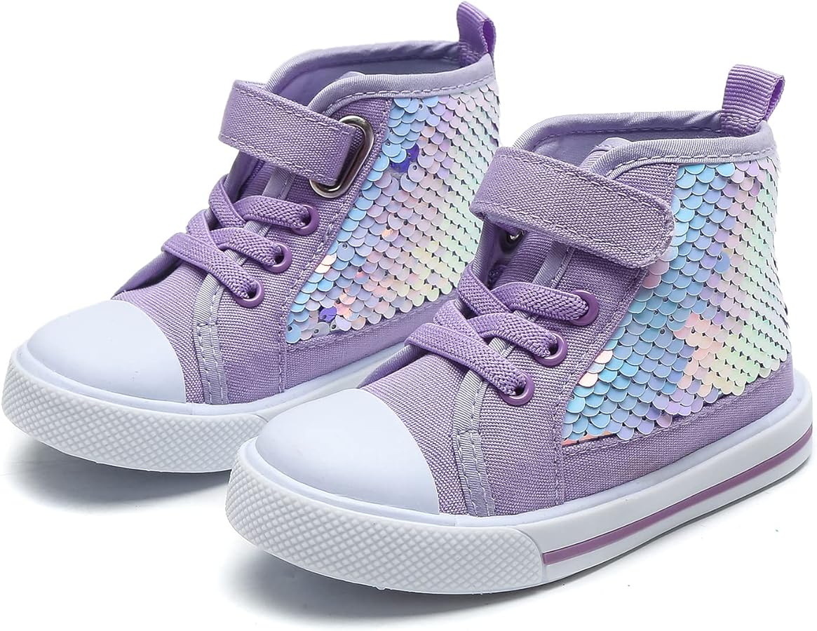 Toddler Girls Sneakers Kids High Top Casual Canvas Shoes with Sparkle Color Change Flipping Sequins