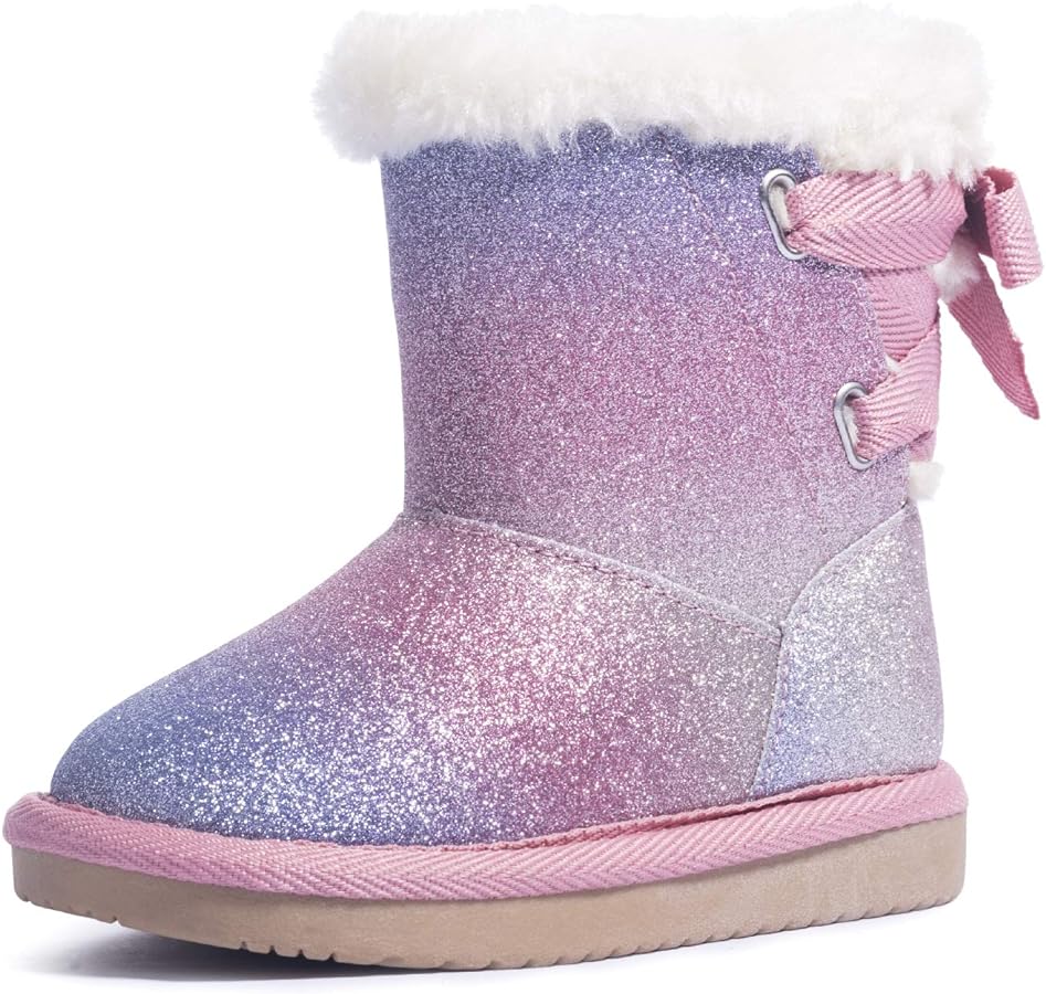 KRABOR Girls Glitter Snow Boots Cotton Lining Warm Winter Non-Slip Shoes with Cute Bow for Toddlers/Little Kid