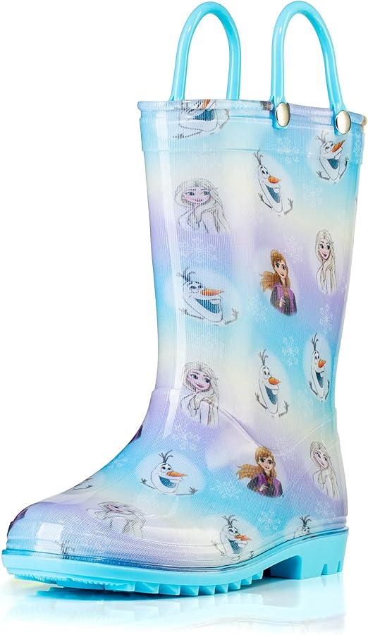 Disney Frozen 2 Girls Anna, Elsa and Olaf PVC Waterproof Licensed Rain Boots Easy-On Handles - Pink and Purple - Toddler and Little Kid