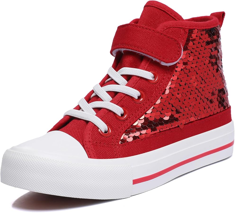 Kids Sparkle Sequins High Top Casual Adjustable Strap Canvas Shoes Girls and Boys Glitter Sneakers