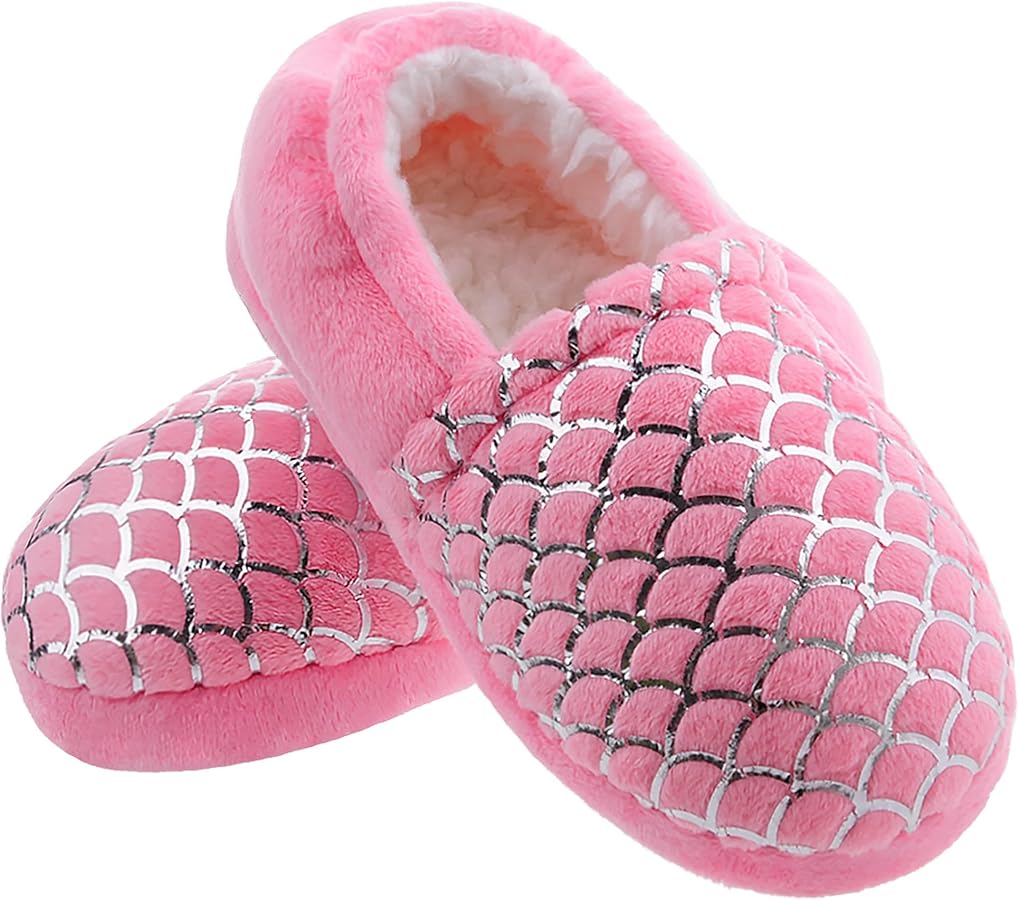 MIXIN Girls Slippers Mermaid Princess No-Slip Memory Foam Slippers Soft Rubber Sole House Shoes for Bedroom Indoor Outdoor (Toddler/Little/Big Kid)