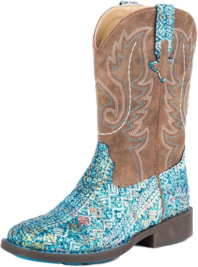 Roper Kids Kids Girls Southwest Glitter Square Toe Casual Boots Mid Calf - Blue, Brown - Size 12 M