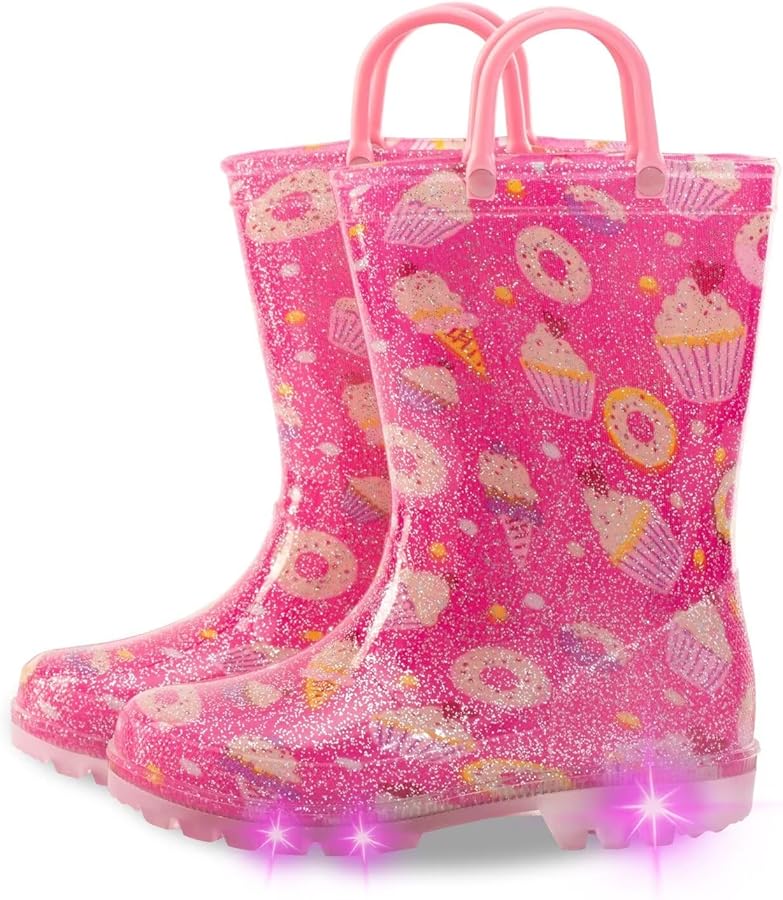 Kids Toddler Rain Boots for Girls Boys Light Up Waterproof Rain Shoes Patterns and Glitter Boot with Easy On Handles