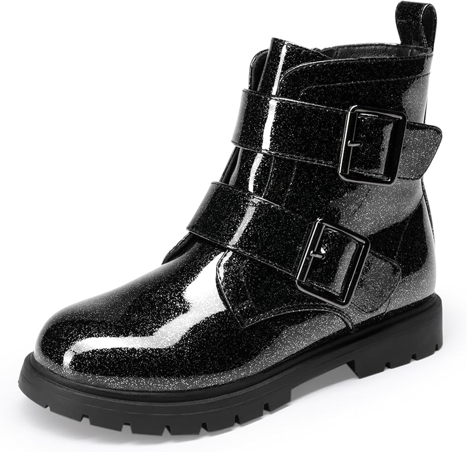 DREAM PAIRS Girls Boys Glitter Ankle Boots Side Zipper Combat Shoes with Buckles Toddler/Little Kid/Big Kid