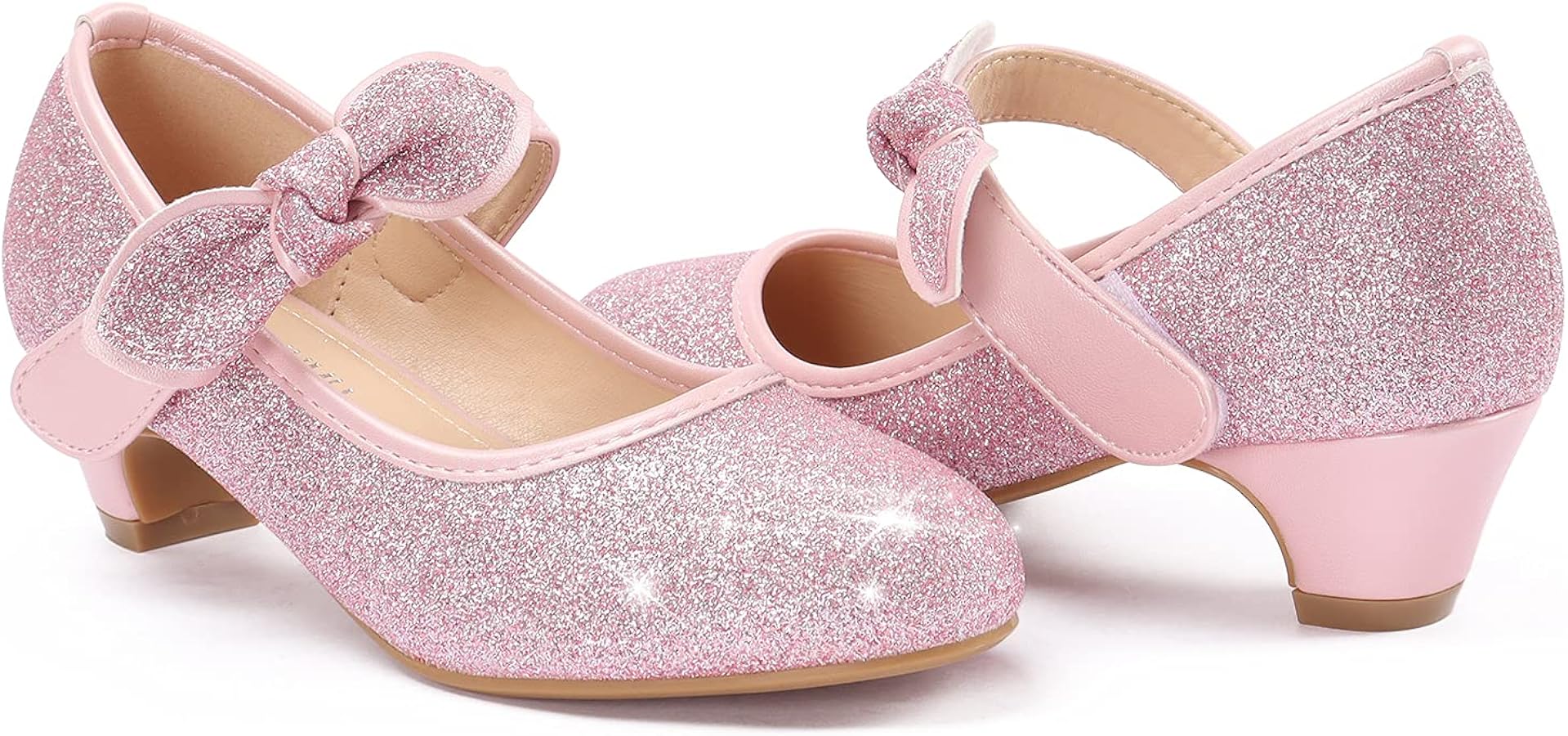 ADAMUMU Girls Dress Shoes Princess High Heel Mary Jane Glitter Shoes in Wedding Party for Toddler Little Big Girl with Bowknot Flower Velcro