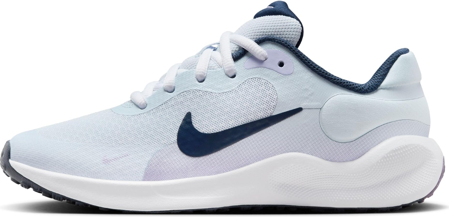 Nike Revolution 7 Big Kids' Running Shoes (FB7689-004, Football Grey/Midnight Navy-Lilac Bloom) Size 4