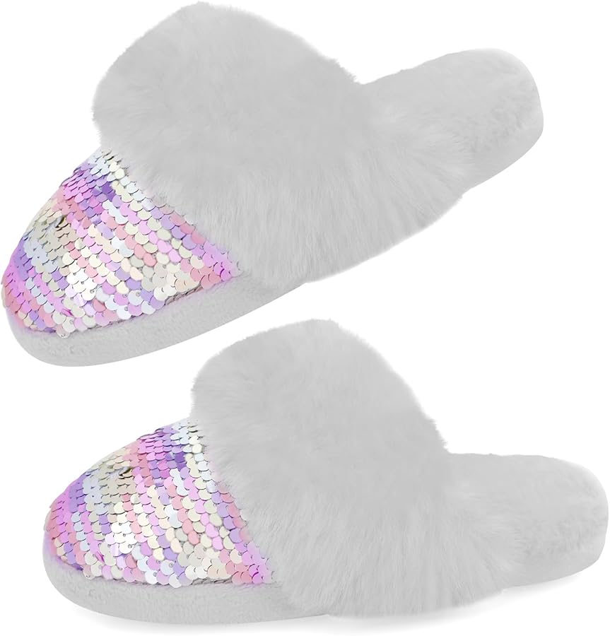 Orthoshoes Girls Fluffy Slippers,Faux Fur Fuzzy Slip-on House Slippers Clog Memory Foam House Shoes with Ribbon Bow for Girls Bedroom Indoor