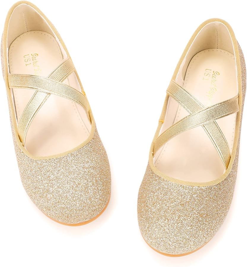 Girls Glitter Ballet Flats, Cross Strap Dress Shoes for Girl Sparkle Princess Mary Jane Shoe Back to School Wedding Party