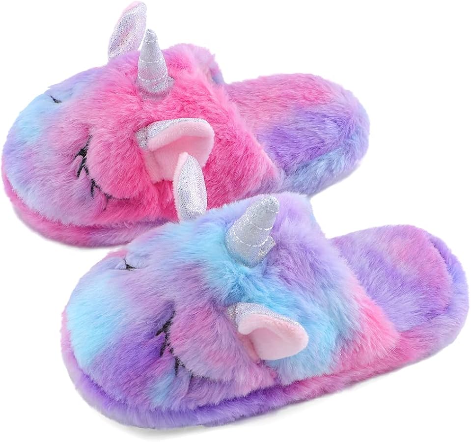 KAKU NANU Kids Slippers Fluffy Slippers Warm Rainbow Slippers Memory Foam Home Slides for Girls Boys