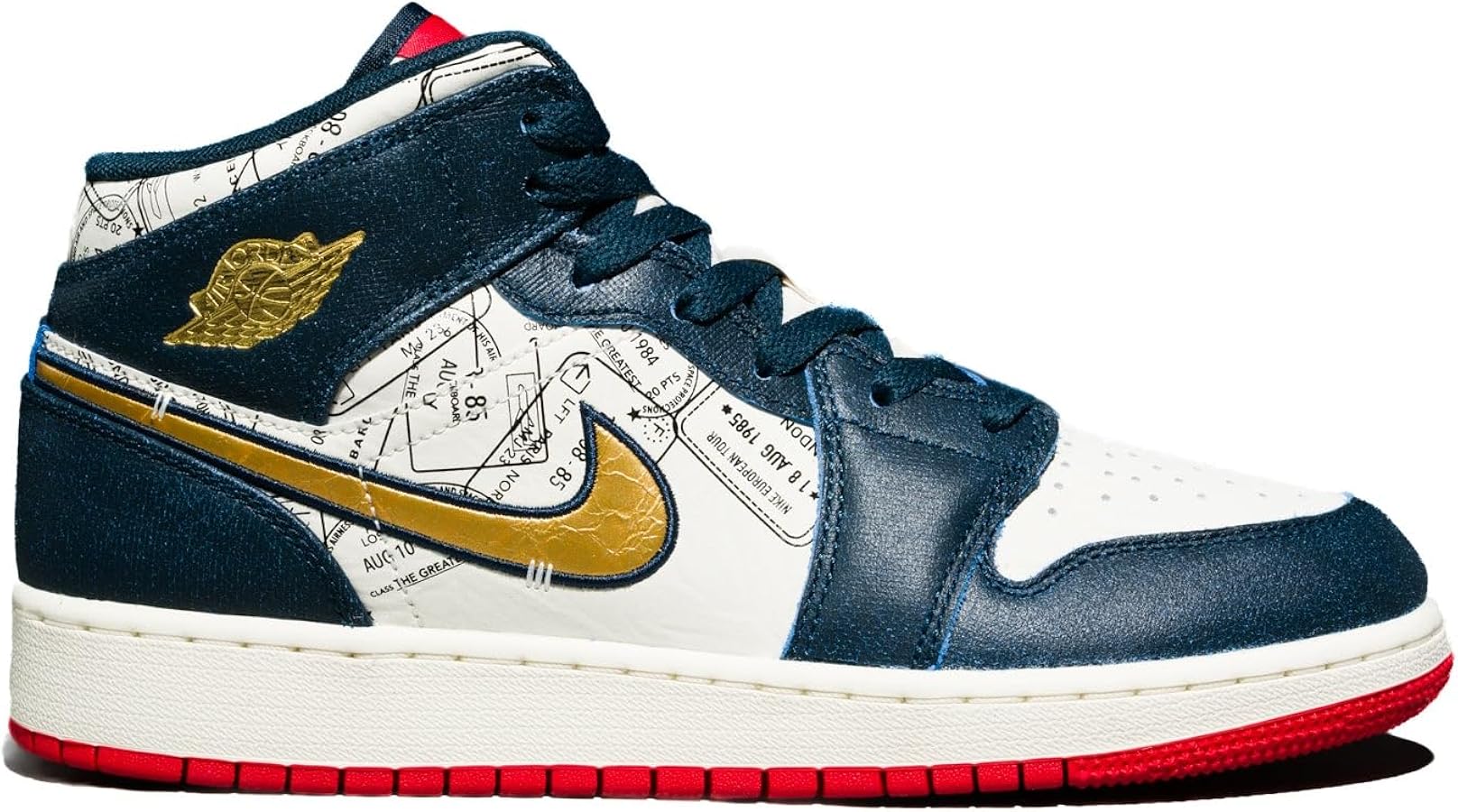 NIKE Air Jordan 1 Mid SE Big Kids' Shoes (FN1353-400, Armory Navy/Pale Ivory/Sport RED/Metallic Gold) Size 5.5