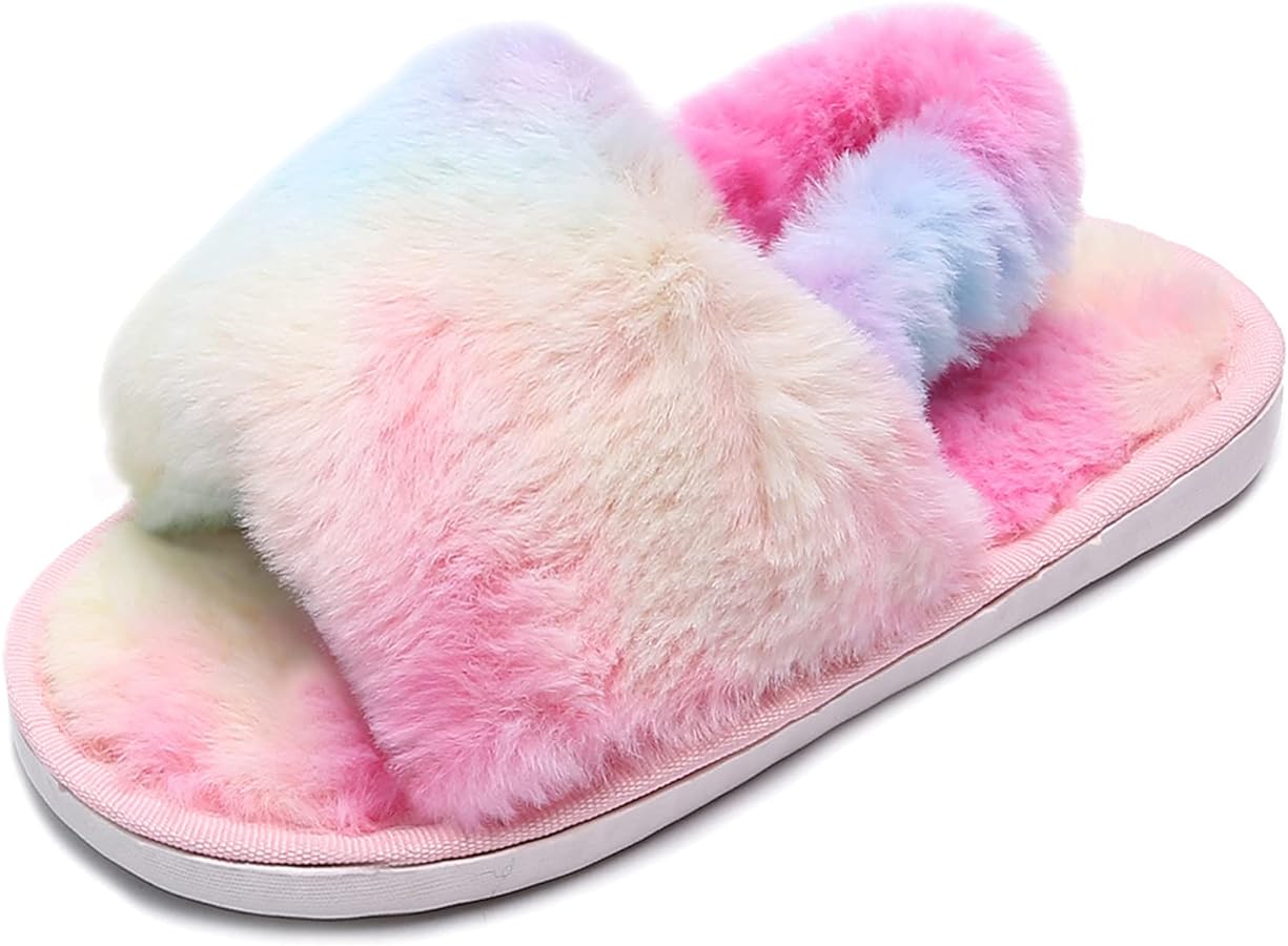 Girl's Fuzzy Fluffy Furry Slippers Cross Band Shoes Slides for Girls Fur Flip Flop Open Toe Slippers