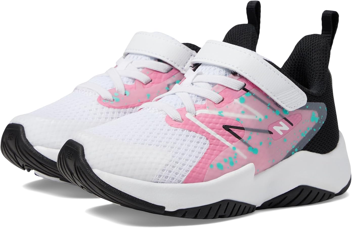 New Balance Rave Run V2 Bungee Lace with Top Strap Shoe, White/Real Pink/Black, 12 Wide US Unisex Little_Kid