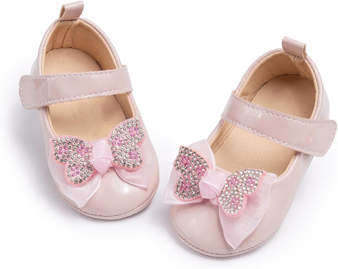 Infant Baby Girls Mary Jane Flats Non Slip Rubber Sole with Bownot Toddler First Walkers Princess Wedding Dress Shoes