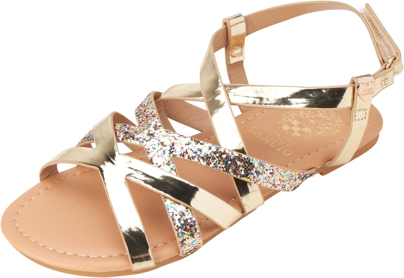 Vince Camuto Girls' Sandals - Strappy Sandal Flats with Glitter Accents - Open Toe Summer Dress Shoes (Toddler/Girls)