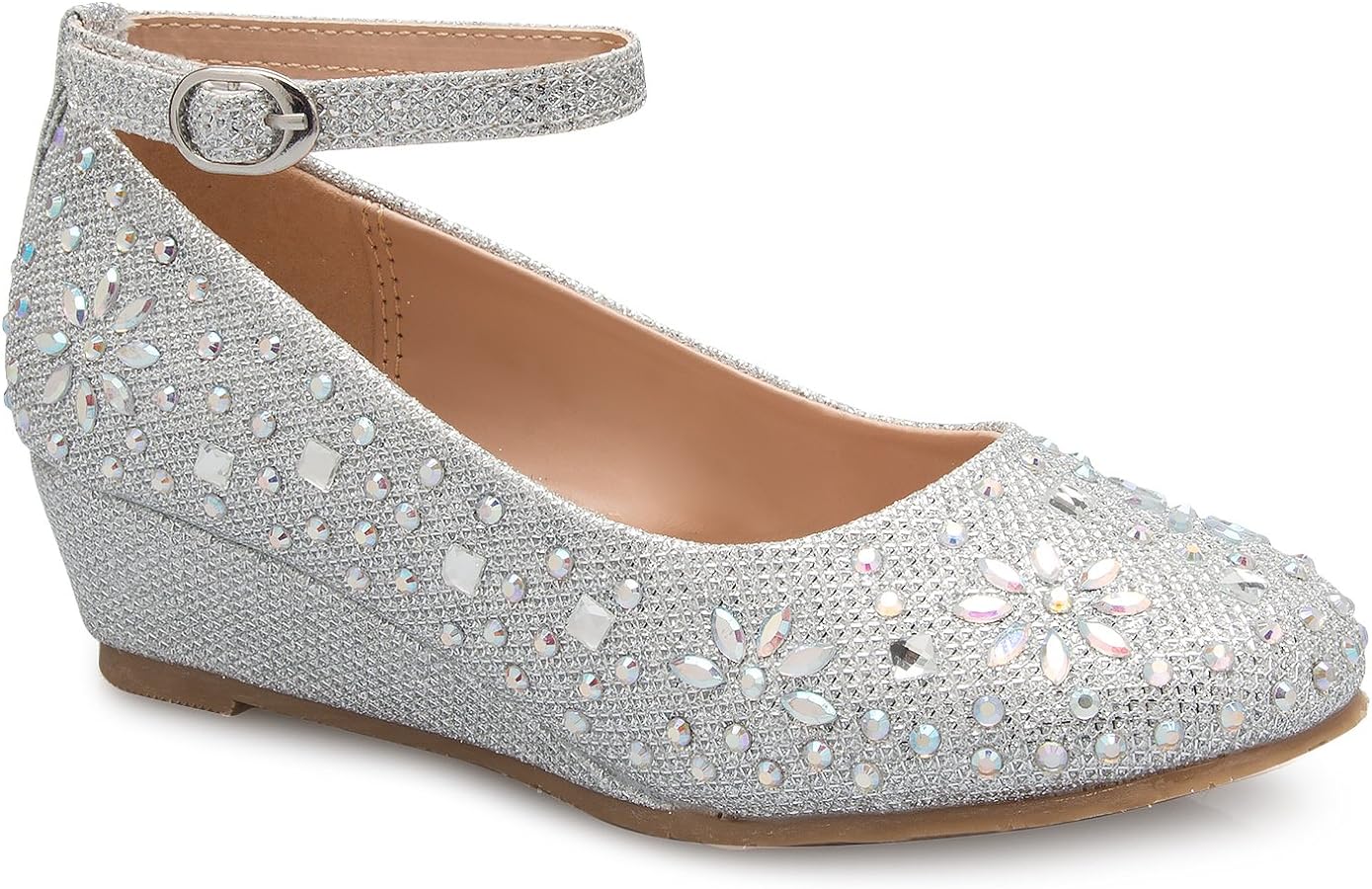 Olivia K Girl's Low Wedge Heel Ankle Strap Sparkly Rhinestone Shoes (Toddler/Little Girl)