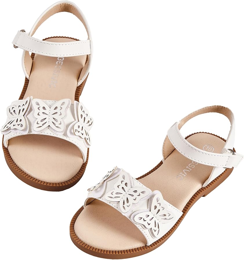 Girls White Sandals Cute Open Toe Summer Flats Sandals With Rubber Sole Toddler/Little Kid/Big Kid