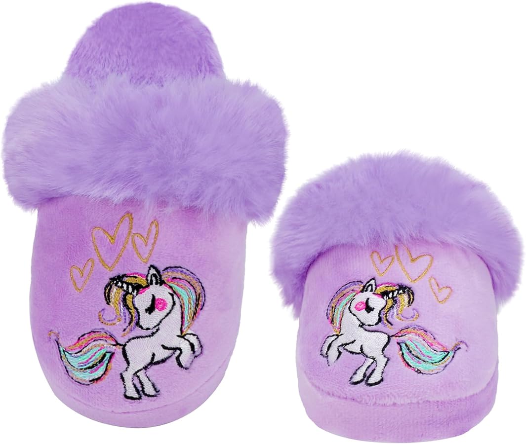 MEJORMEN Girls Fluffy House Slippers Faux Fur Slip-on House Shoes No-Slip Memory Foam Slippers Cozy Warm Plush Bedroom Slippers for Toddler Kid