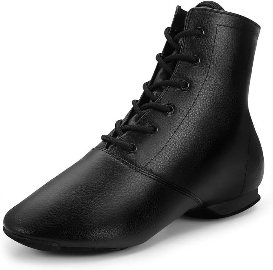 Kids Jazz Boots Black Leather Jazz Shoes for Girls Boys Dance Boots