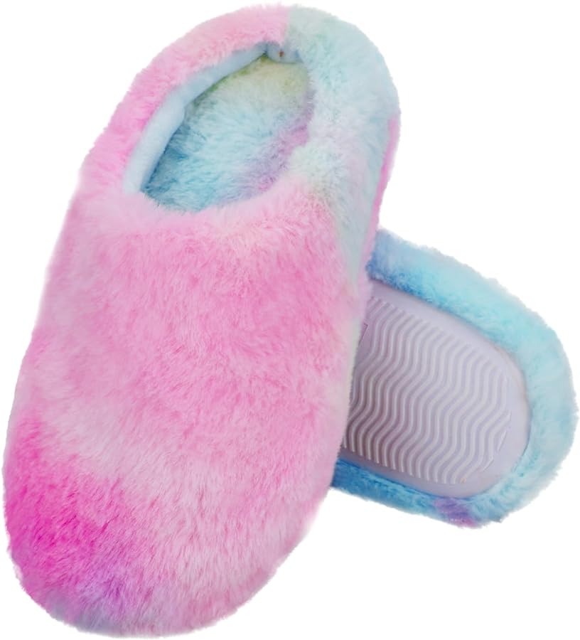 Girls Plush Faux Fur Slip on House Slippers Clog with Memory Foam - Bedroom Slippers Outdoor Indoor Faux Fur Lined