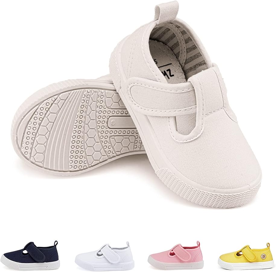 Toddler Girls Boys T-Strap Canvas Sneakers for Little Kids Classical Comfortable Mary Jane Cotton Flats, Non-Slip Casual Walking Shoes