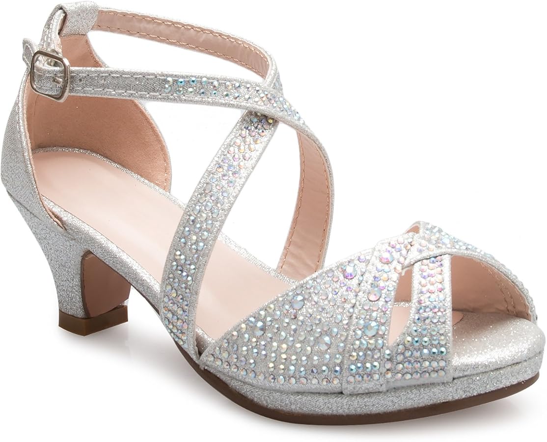 Olivia K Girl's Cute Adorable Strappy Glitter Open Toe Heel Sandals - Adjustable buckle