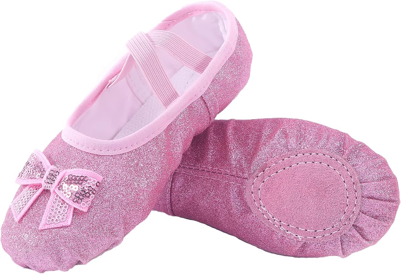 Girls Ballet Shoes Glitter Split-Sole Dance Slippers Toddler Kid Practice Shoes Flats Soft Lightweight with Elastic Laces for Performance Gymnastics Yoga