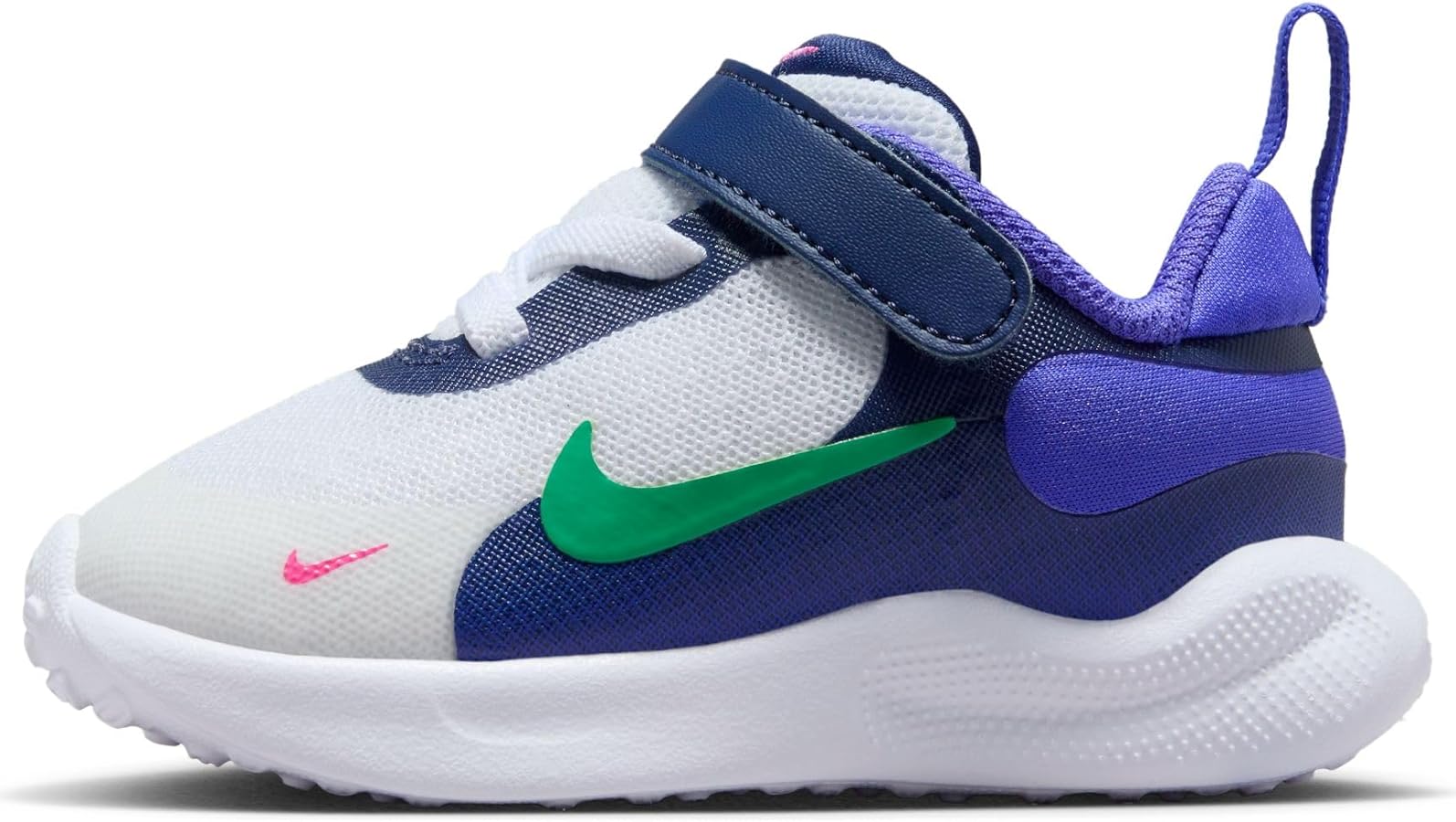 Nike Revolution 7 Baby/Toddler Shoes (FB7691-101, White/Persian Violet/Midnight Navy/Stadium Green) Size 6