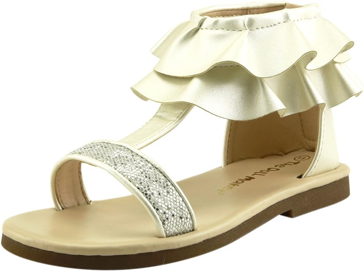 Elgant Glitter Girl's Shoes Ruffles T-Strap Sandal Toddler Little Kid's Size Zipper