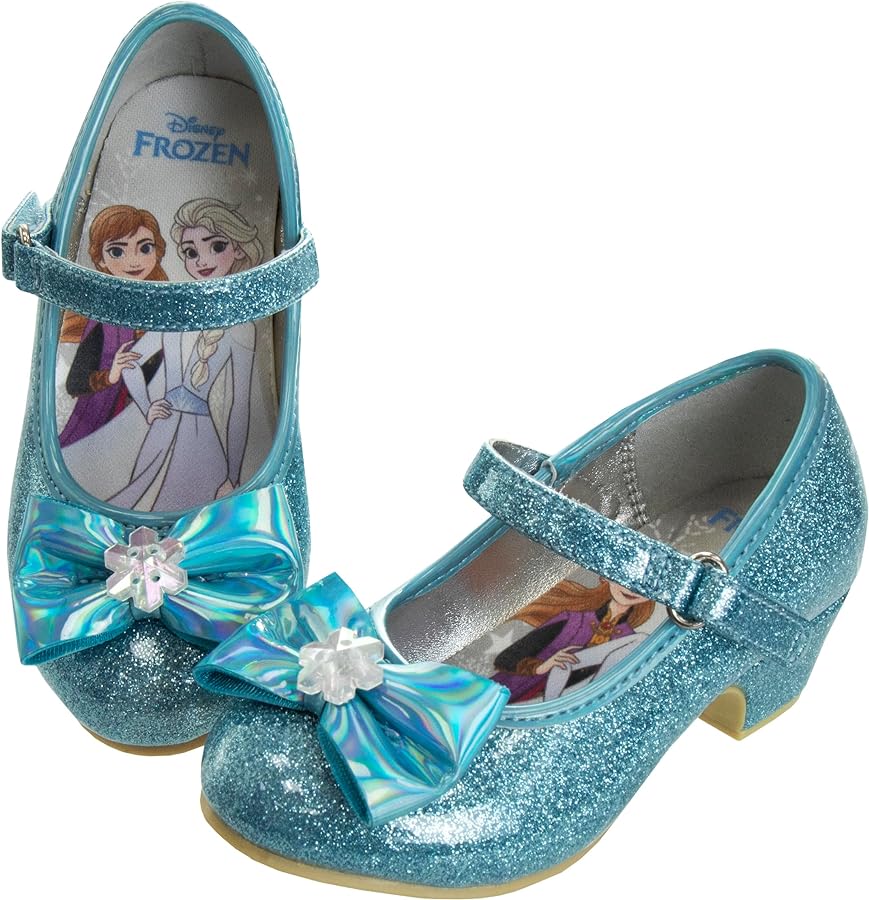 Disney Frozen Shoes - Girls Mary Jane Flat Pump Strap with Bow - Kids Character Elsa Anna Princess Dress up Costume Flower School Party Flats Slip on - Blue (Size 12 Little Kid)