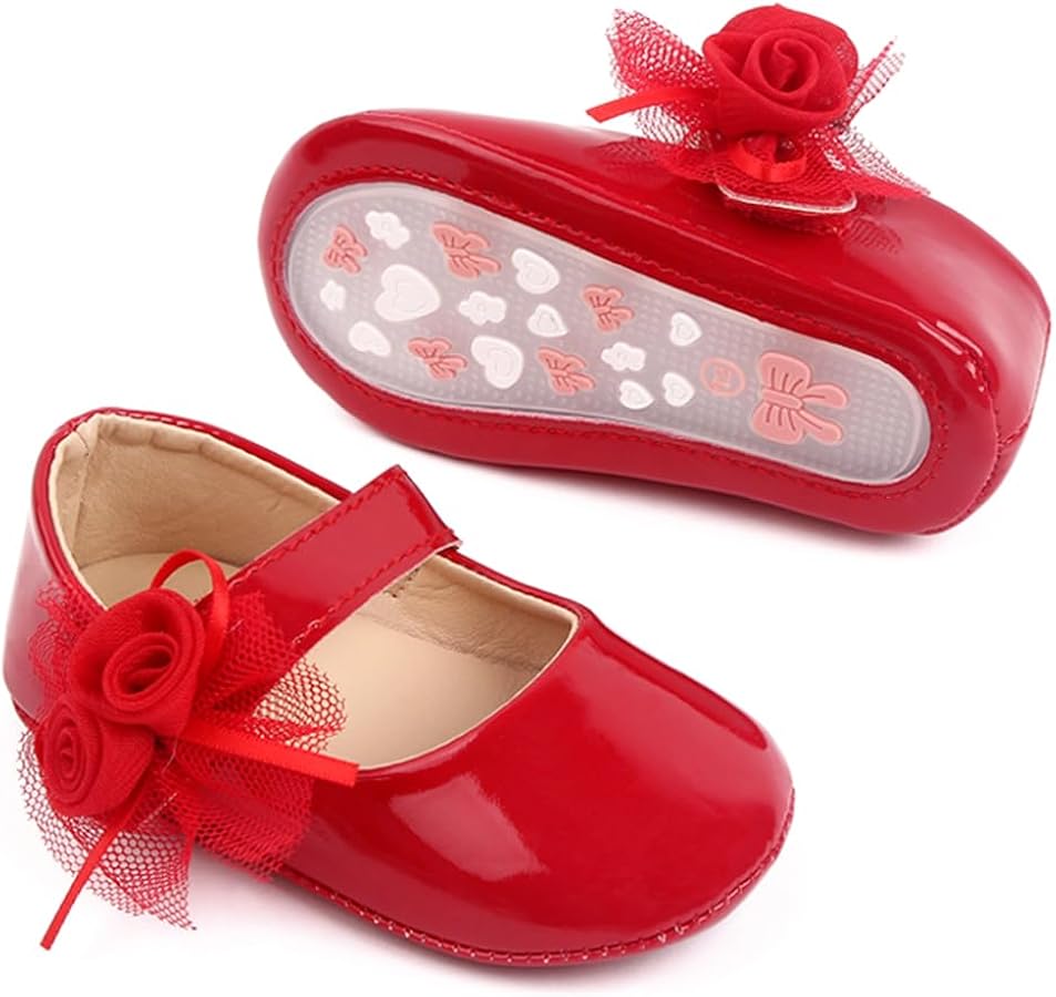 Infant Baby Girls Dress Shoes Newborn Bowkont Mary Jane Flats Non-Slip Lightweight Soft Sole Toddler First Walkers Princess Wedding Shoes