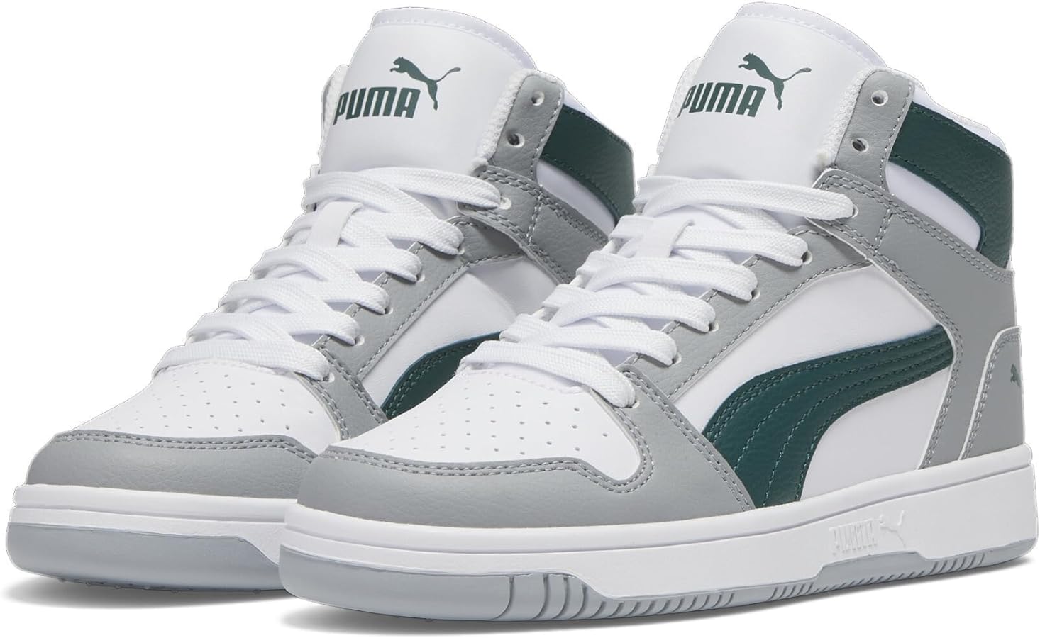 PUMA Rebound Layup Synthetic Leather (Big Kid) Puma White/Malachite/Cool Mid Gray 6 Big Kid M