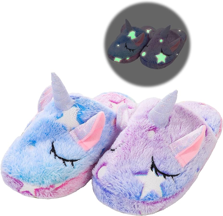 Kids Unicorn Slippers for Boys Girls Toddler Fuzzy Slippers Children House Slippers with Anti Slip Soles Glow in the Dark