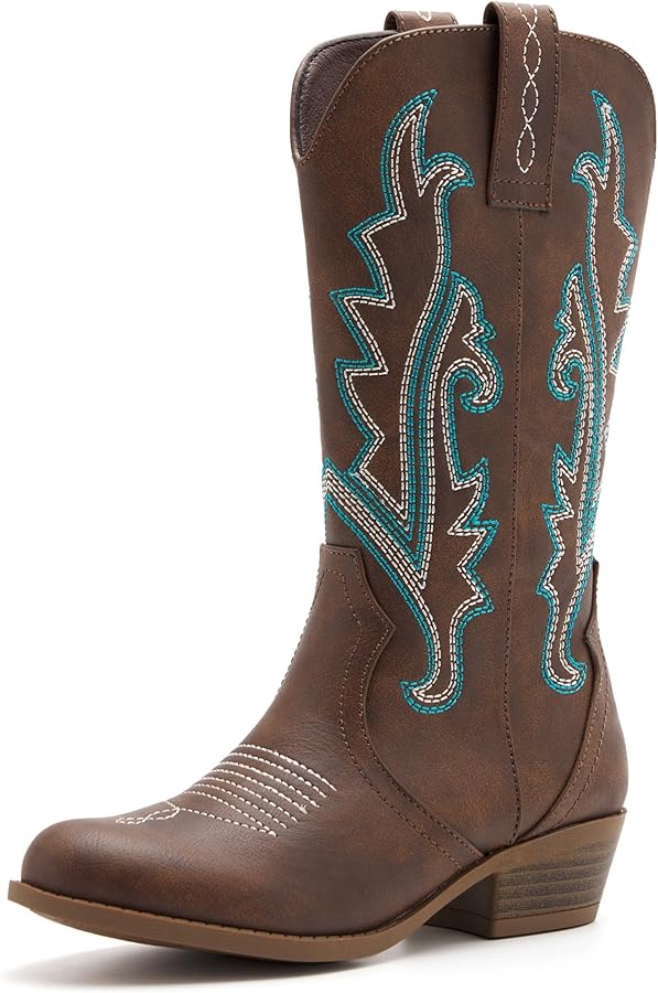 Kids Western Boots Embroidered Cowgirl Cowboy Boots Boys Girls Mid Calf Round Toe Riding Shoes Little Kid/Big Kid