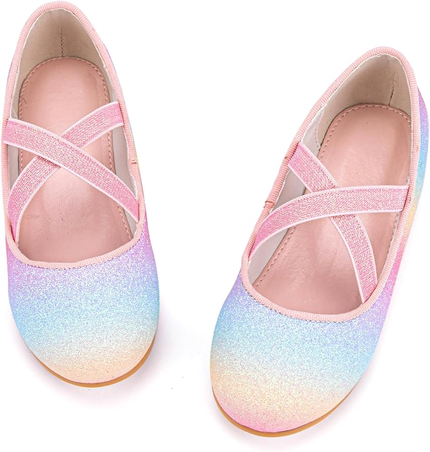 Girls Glitter Ballerina Dress Shoes Mary Jane Ballet Flats for Girls Wedding Party Back to School with Elastic Strap