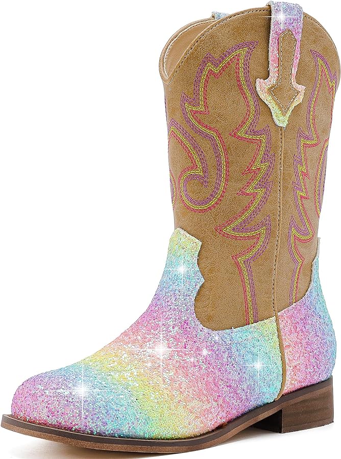 Girls Cowgirl Boots Unisex-Child Mid Calf Glitter Toddler Cowboy Boot Little Big Kids Western Riding Shoes