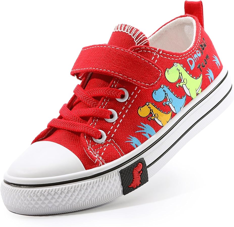 Toddler Canvas Shoes Low Top Cartoon Dinasour Printed Kids Canvas Sneakers with Hook and Loops for Boys Girls