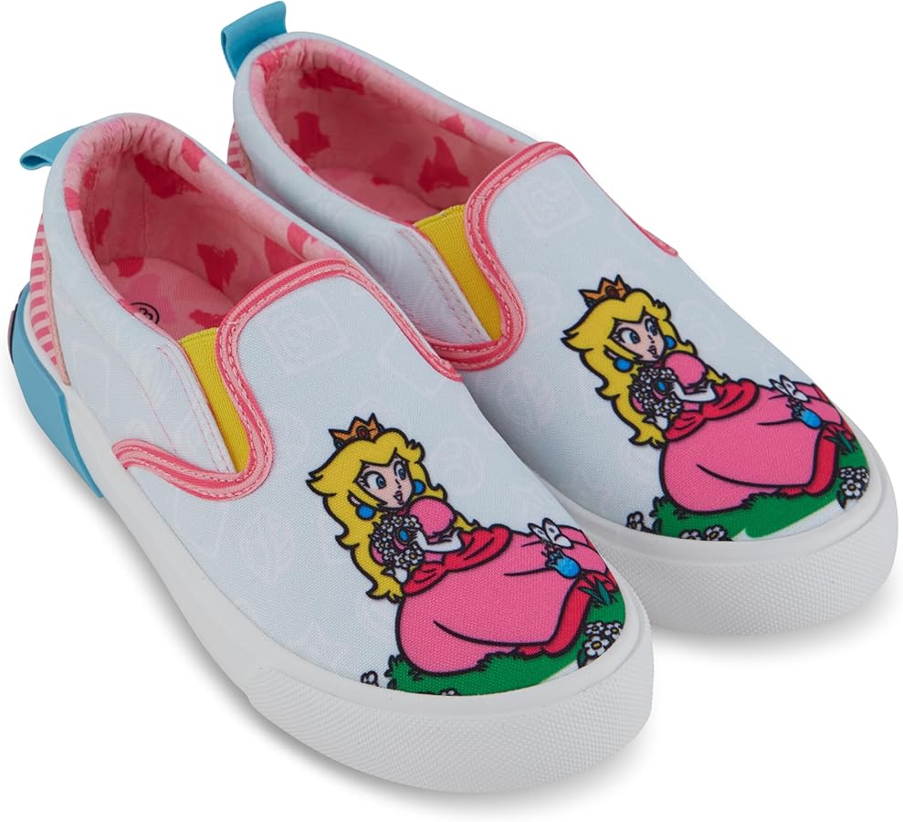 Nintendo Girls Peach Slip On Sneakers - Super Mario Shoes - Mario, Luigi, Kirby and Donkey Kong Slip On Shoes