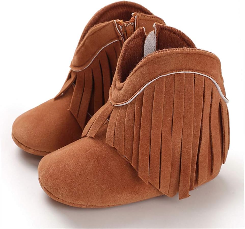 Timatego Baby Girl Cowboy Tassel Boots Side Zipper Non Slip Stay On Booties Infant Toddler First Walker Warm Winter Crib Shoes 3-18 Months