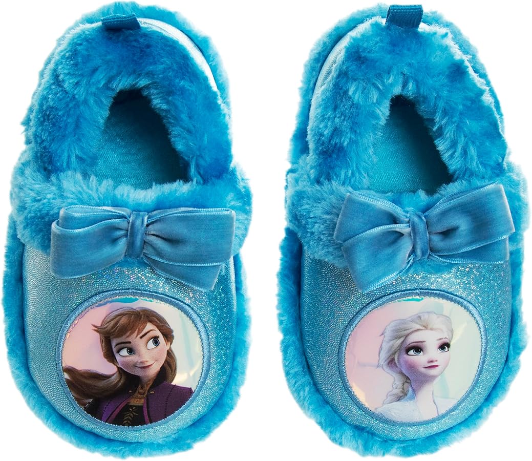 Disney Frozen Elsa and Anna Girls Slippers - Plush Non-Slip Comfy Fluffy Lightweight Warm Comfort Soft Aline Indoor House Slippers (Toddler/Little Kid)