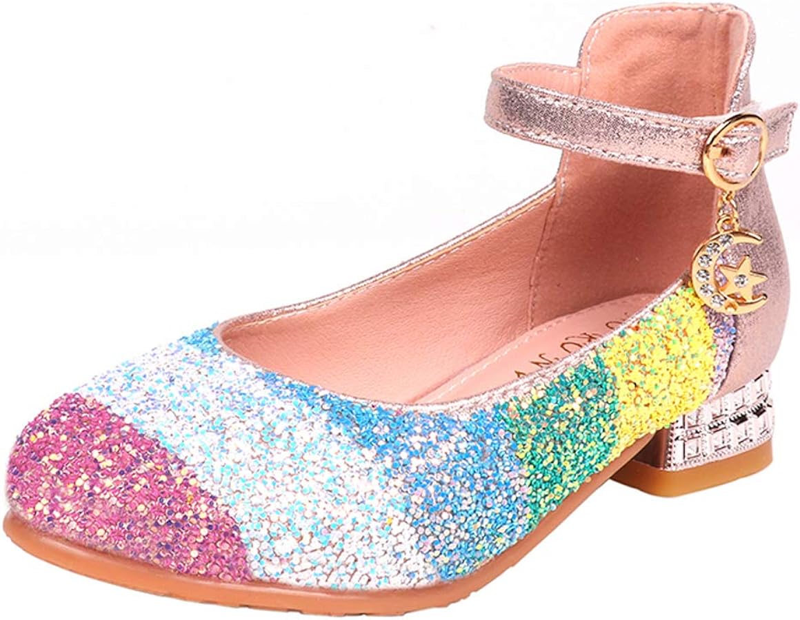 Mary Jane Dress Shoes for Girls Wedding Party Rainbow Glitter Bridesmaids Princess Low Heel Pumps