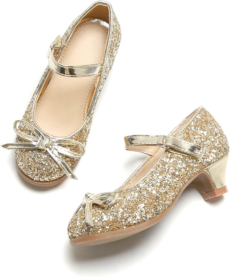 THEE BRON Girls Dress Shoes Glitter Mary Jane Heels Princess Wedding Party Pumps