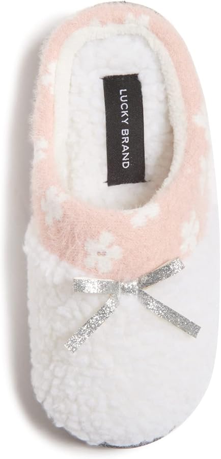 Lucky Brand Little Girls Floral Collar Bow Sherpa Clog Slippers, Kids Fuzzy Cozy Warm Slip On Bedroom Slipper House Shoes