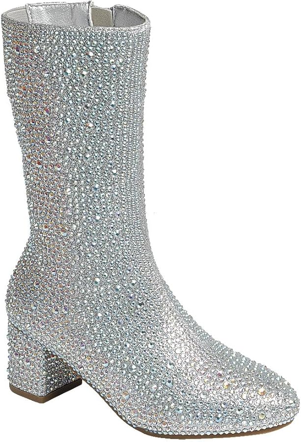 Girl's Rhinestone Round Toe Knee High Chunky Low Heel Boot