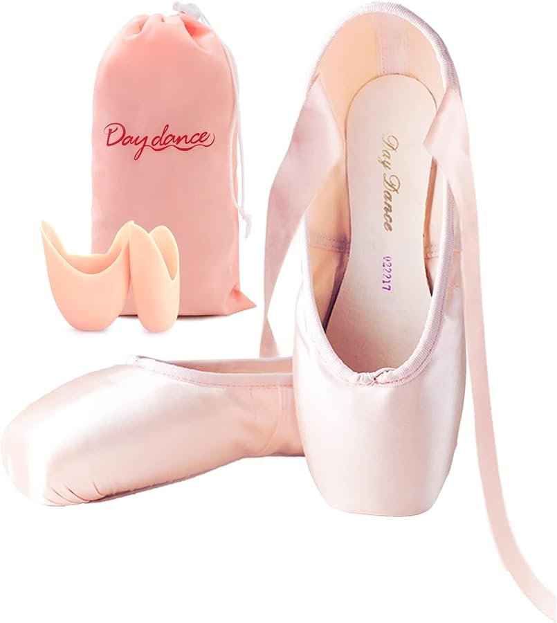 Daydance Ballet Pointe Shoes Girls Women Ribbon Ballerina Shoes with Toe Pads