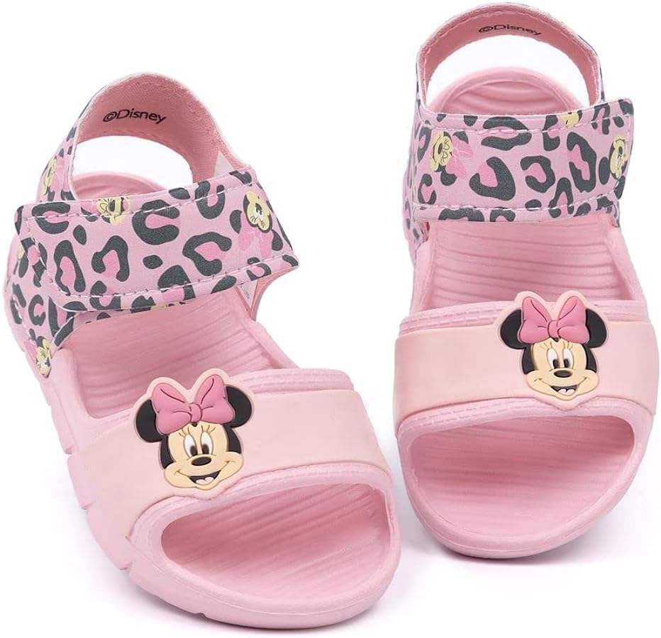 Disney Minnie Mouse Kids Sandals | Girls Leopard Print Sliders with Supportive Strap for Toddlers | Pink Slip-on Footwear